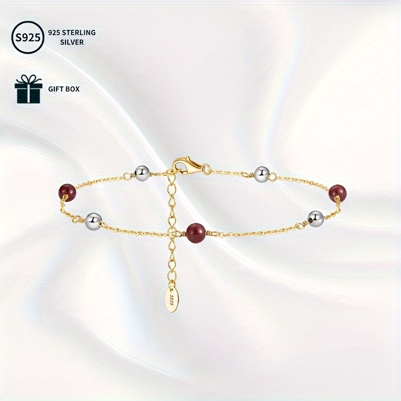 Vintage Style Garnet Anklet with Mixed Beads and Golden Accents